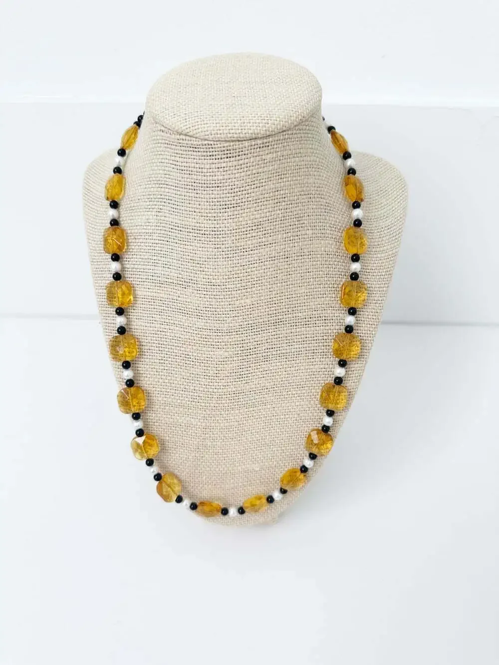 NWT Genuine Black Onyx, Crystals & Pearls Necklace Orange Black White Beaded